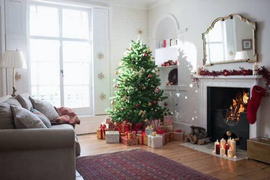 A traditional Christmas set up in a living room.