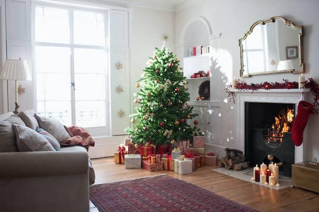 A traditional Christmas set up in a living room.